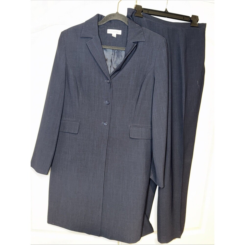 DressBarn Women 10 Blazer Suit Set Pants LongLength Jacket Navy Lined Office EUC